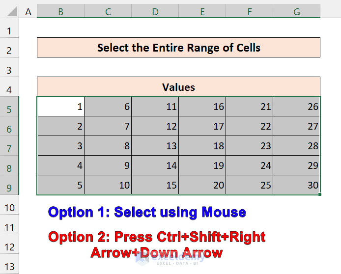 choose any of the option to select the entire range of cells