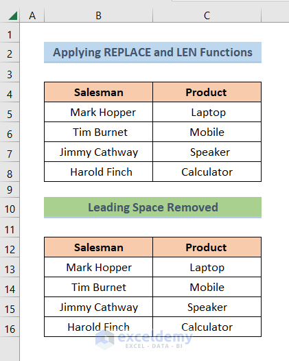 remove leading space result using replace and len functions