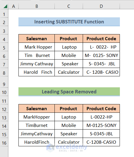 remove space in excel result using substitute function