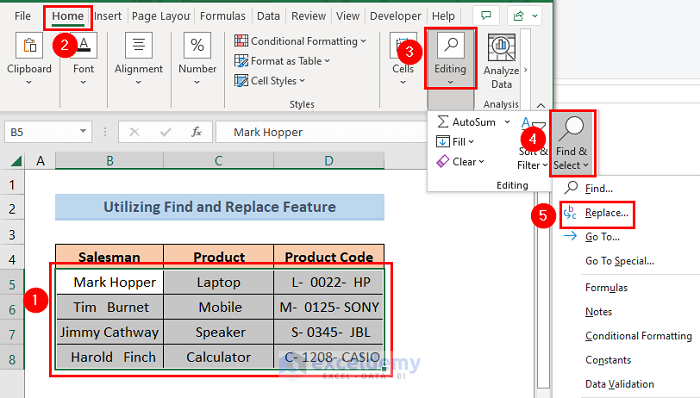 Selecting Find & Replace feature