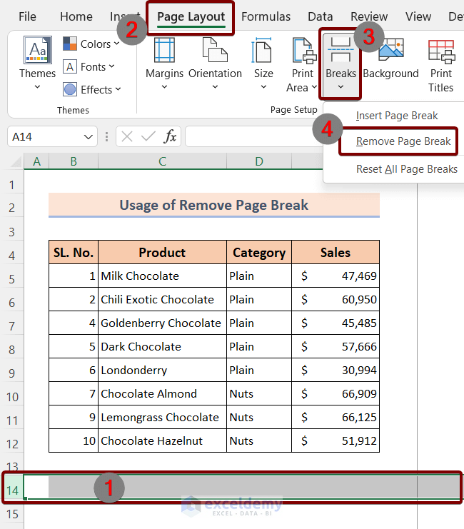 usage of remove page break to delete page break lines