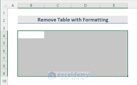 Result after Removing Table with Formatting in Excel 