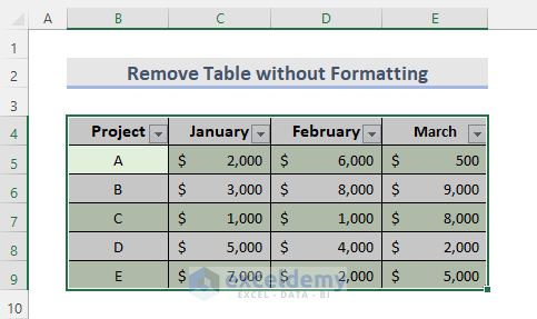Selecting Table to Remove It in Excel 