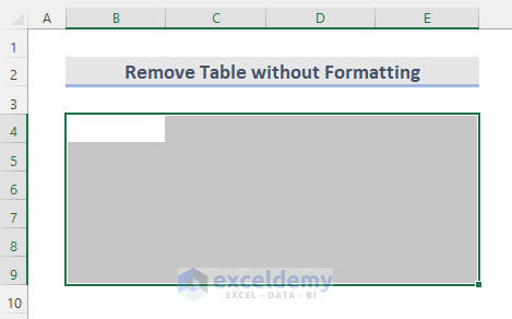 Result after Erasing Excel Table Without Formatting 