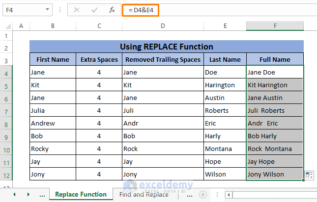 replace function final result-Remove Trailing Spaces in Excel