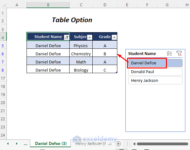 using Table Option