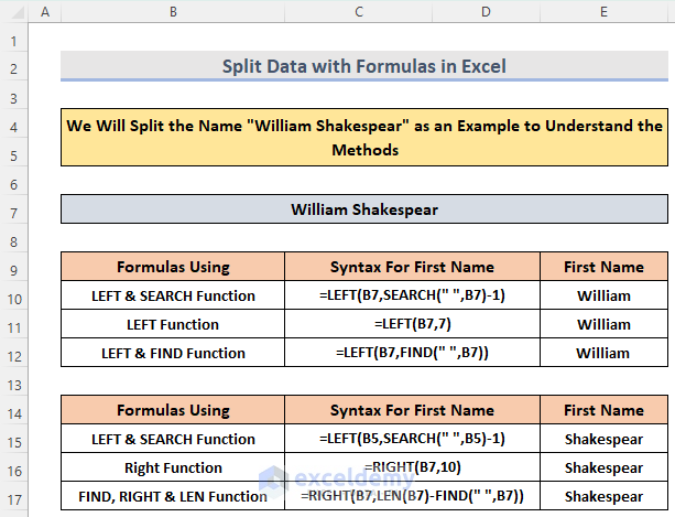 overview of split formula in excel