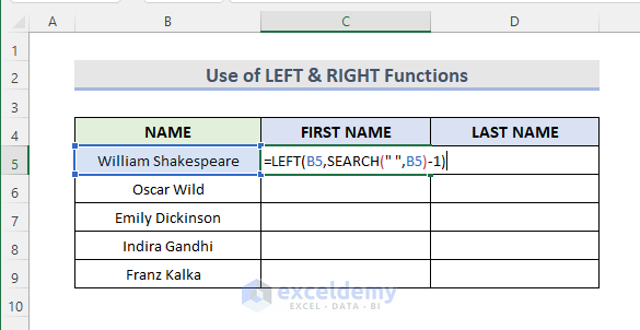 applying excel Formula with LEFT & RIGHT Functions to Split Cell