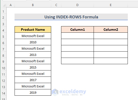 Data for INDEX-ROWS Formula to Split One Column into Multiple Columns in Excel