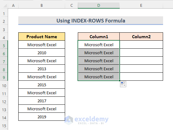 output for column 1 using INDEX and ROWS function
