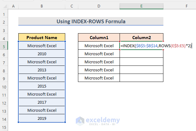 INDEX-ROWS Formula to Split One Column into Multiple Columns in Excel