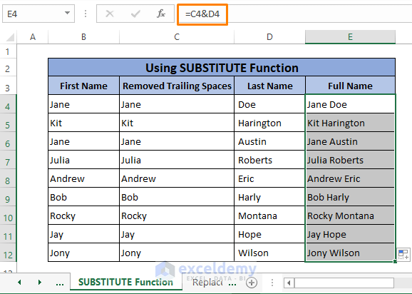 substitute function final result-Remove Trailing Spaces in Excel