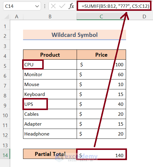 Use Excel SUMIF Function Condition with Wildcard Symbols