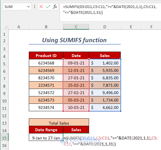 using SUMIFS function