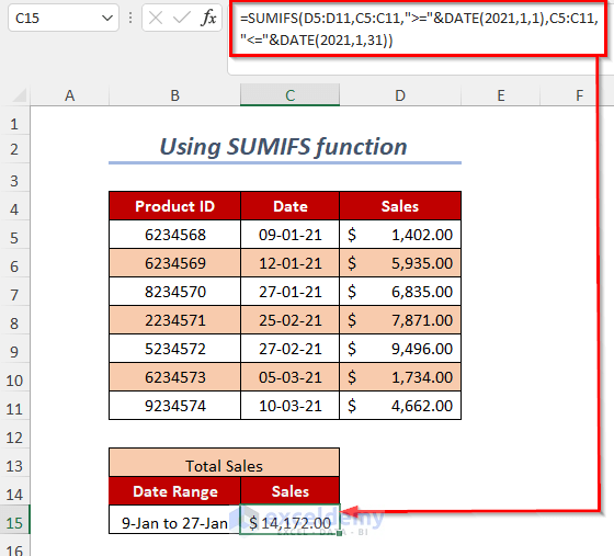 using SUMIFS function