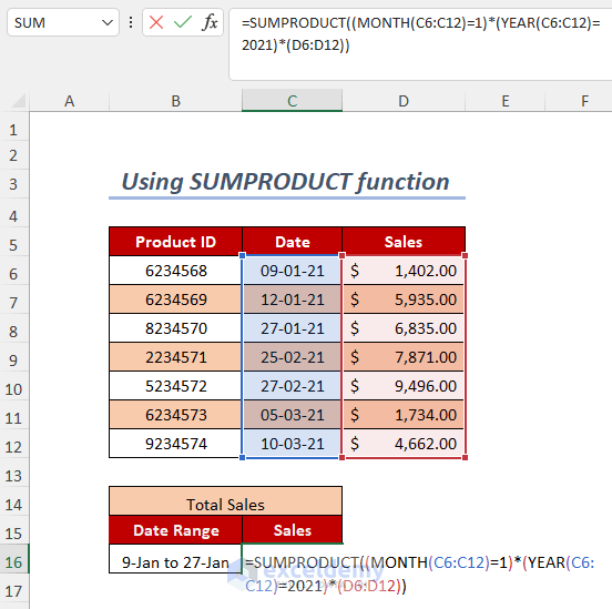 using SUMPRODUCT function
