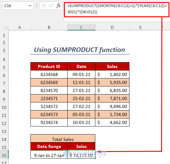 using SUMPRODUCT function