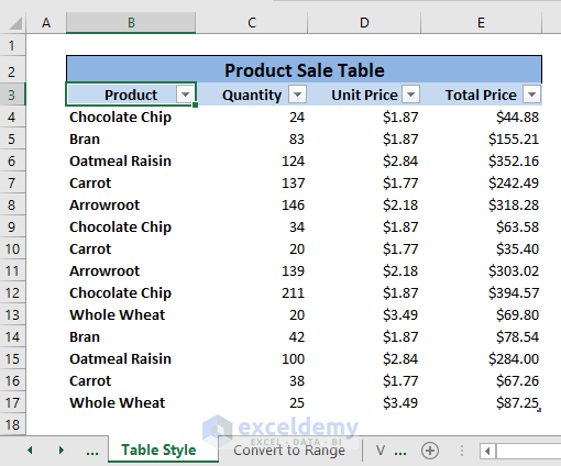 Table styles feature result -Remove Table from Excel