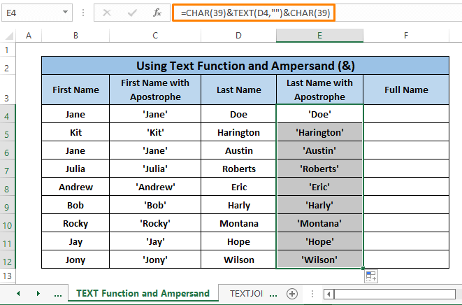text function and ampersand