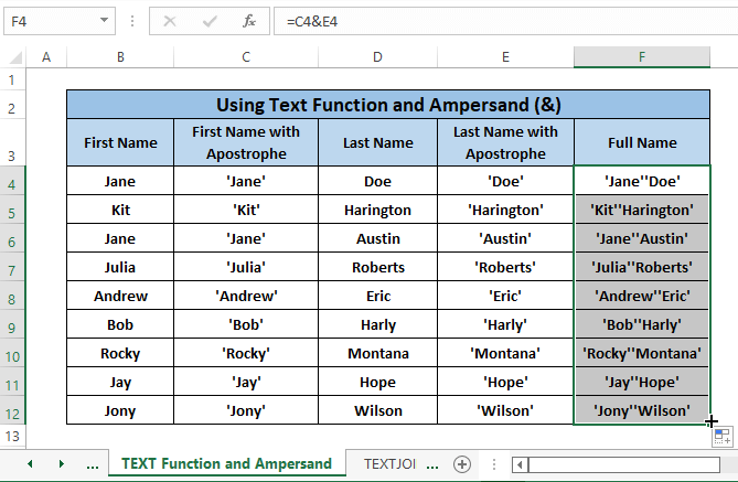 text function and ampersand final result-How to Concatenate Apostrophe in Excel
