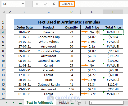 Text in arithmetic-VALUE Error in Excel