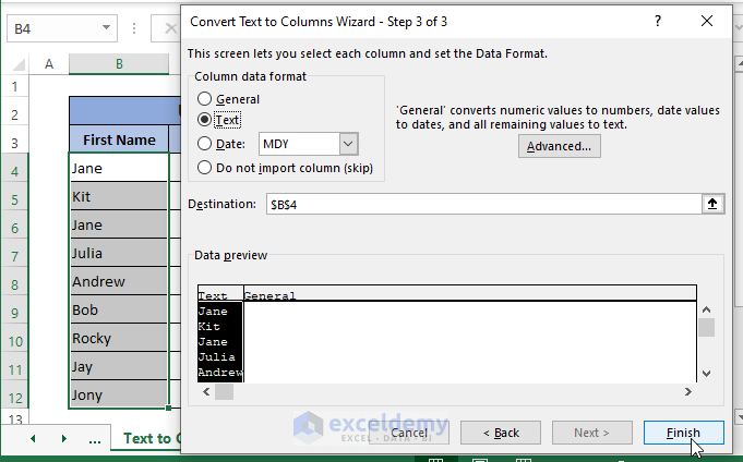 text to column preview-Remove Trailing Spaces in Excel