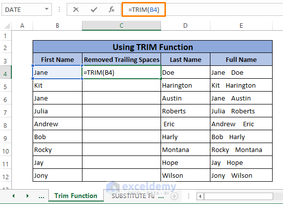 trim function-Remove Trailing Spaces in Excel