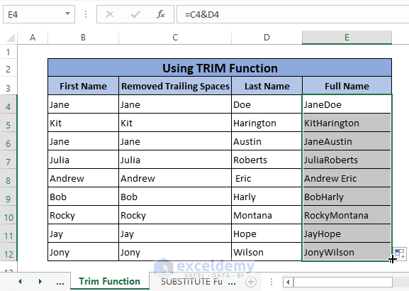 trim function final result -Remove Trailing Spaces in Excel