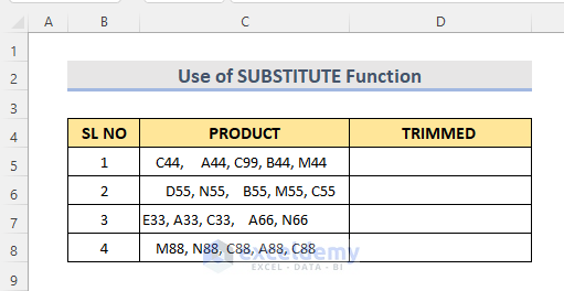 Trim All Space from Text in Excel with SUBSTITUTE Function