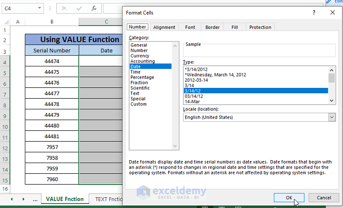 value function-Convert Serial Number to Date in Excel