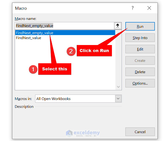 macro dialog box for findnext method in excel