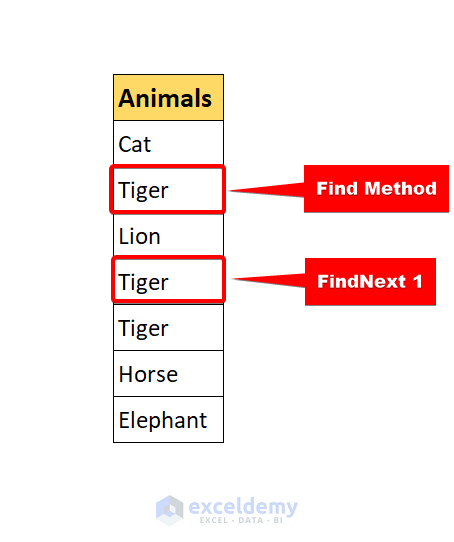 first findnext method search result in excel