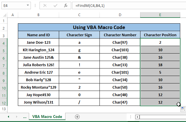 vba macro code final result-Find Character in String Excel