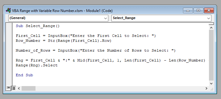 VBA Code to Use VBA Range with Variable Row Number in Excel