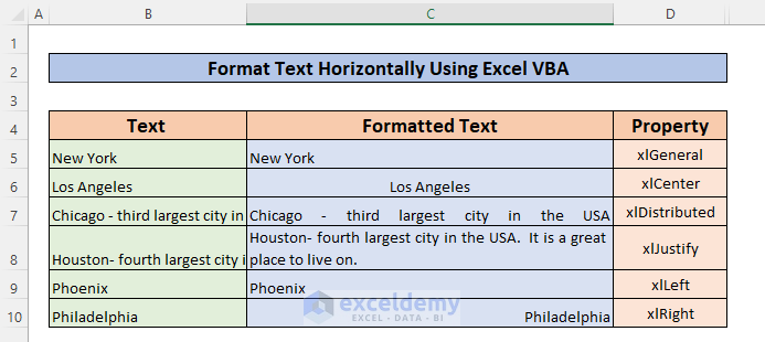VBA Text Format Horizontal Alignment