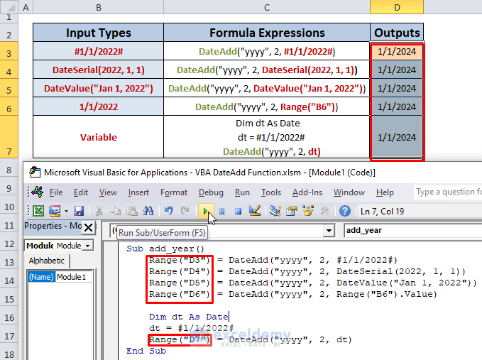 Excel VBA DateAdd function 