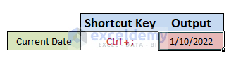 Current Date Using Excel Date Shortcut 