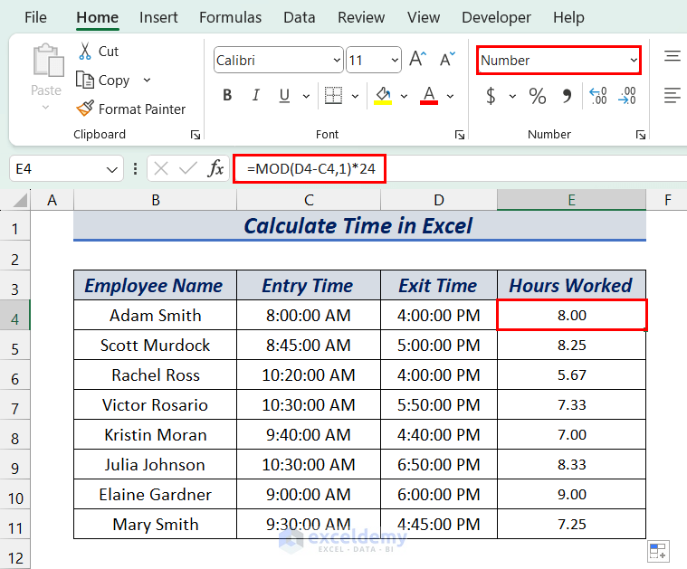 Calculating total hours worked in Excel
