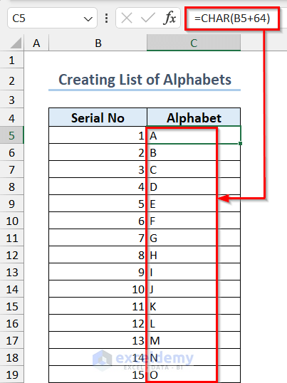 Creating List of Alphabets in Excel