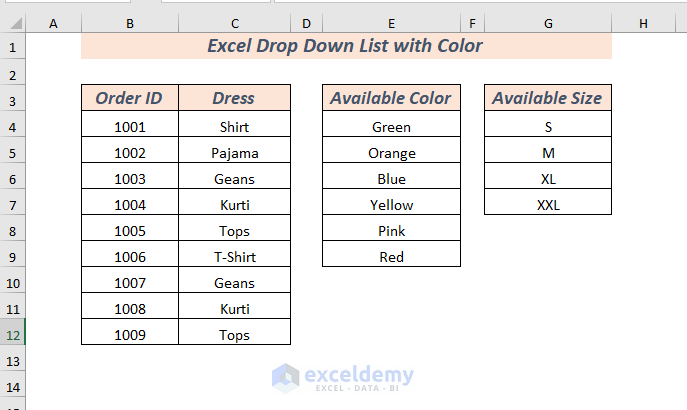 Sample Dataset of Excel Drop Down List with Color