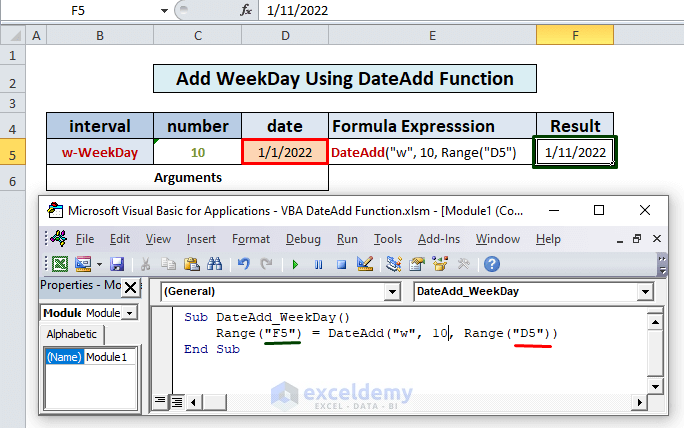 Excel VBA DateAdd Function Add WeekDay