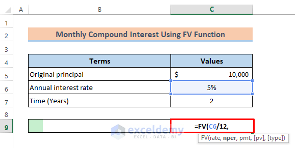 FV Function to Calculate Monthly Compound Interest