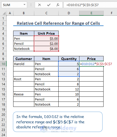 10-relative cell reference for range of cells formula
