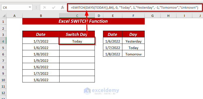 Using Excel SWITCH Function with DAY Function