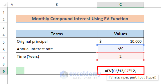 FV Function to Calculate Monthly Compound Interest