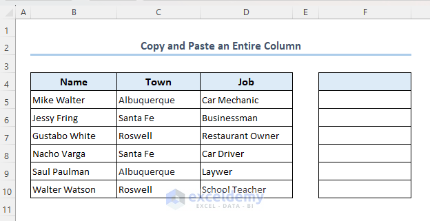 Modified dataset to copy and paste an entire column