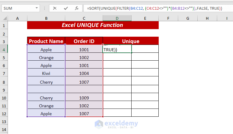 Using Excel UNIQUE Function to Filter Unique Rows Ignoring Blank & Sort