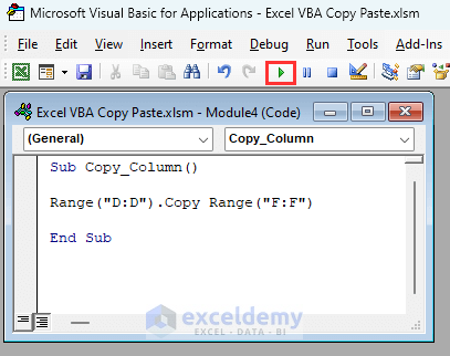 VBA code to copy an entire column applied in the module section then clicked on run