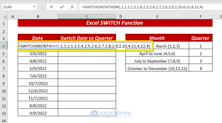 Using Excel SWITCH Function with MONTH Function