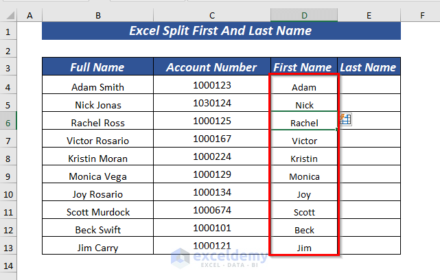 Using Flash Fill to Split First And Last Name in Excel